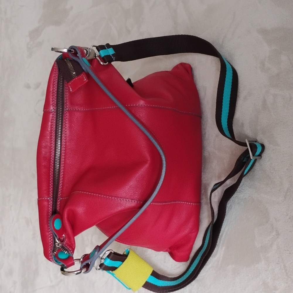 Gabs Red Leather Shoulder Bag/Crossbody Bag with Multicolor Strap